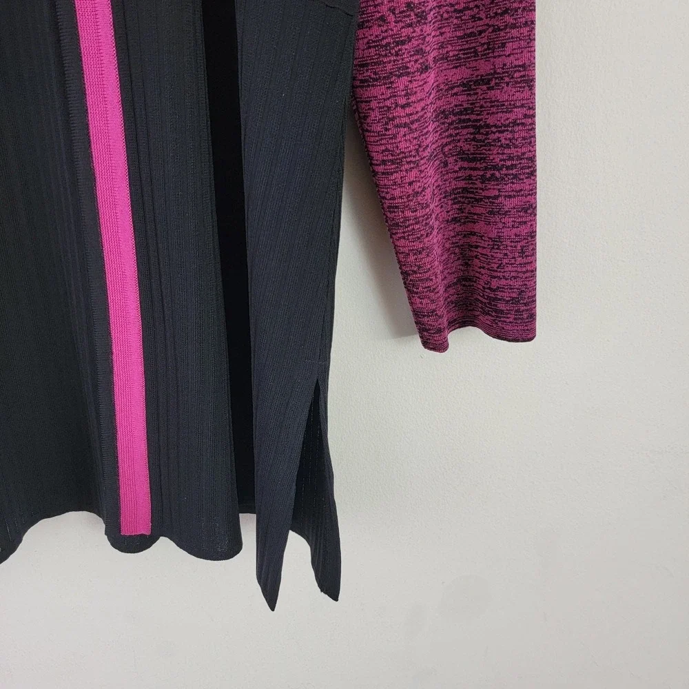 Misook Magenta Black Knit Cardigan Long‎ Sleeve Open Front Striped